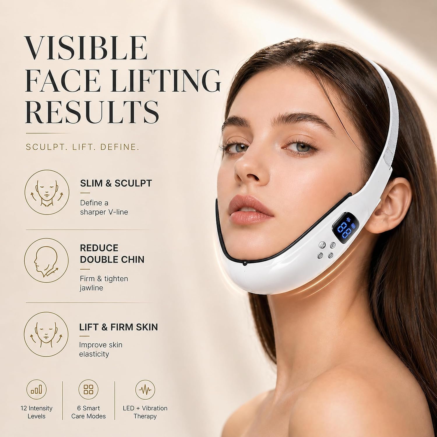 Electric Double Chin Device & V-Face Machine with 6 Modes and 12 Gear Adjustable Intensities - for Jawline Improve and Face Slimmer, Helps Obtain V-Line
